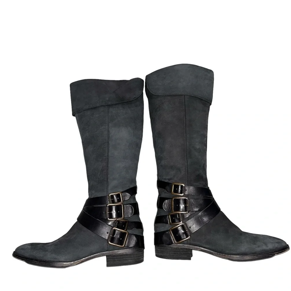 Sam Edelman Washed Black Pia Tall Nubuck Leather Riding Boots